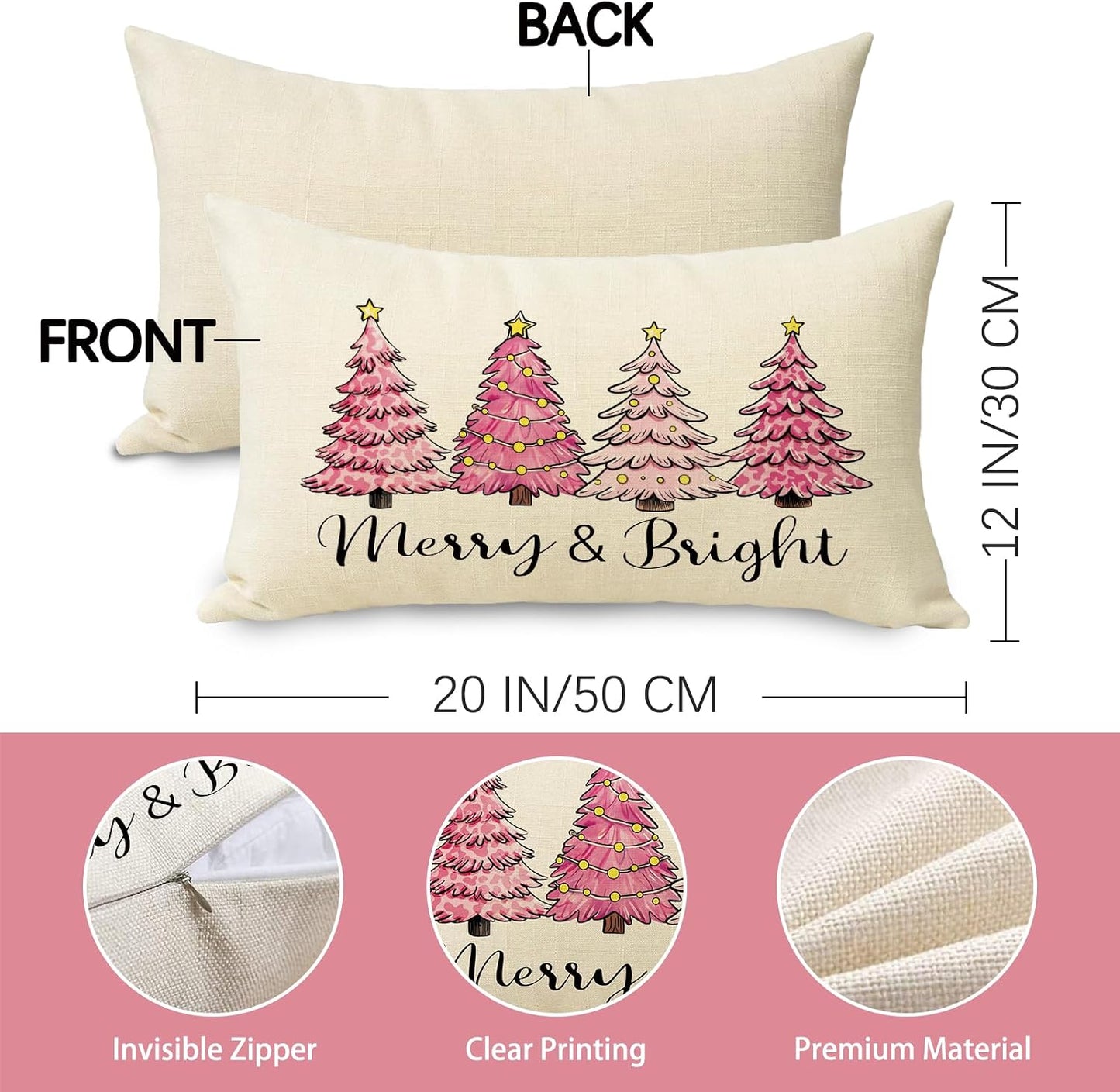 Pink Christmas Tree Decorative Throw Pillow Cover 12 x 20, Rectangular Xmas Pine Trees Outdoor Home Decor, Merry and Bright Winter Holiday Sofa Couch Cushion Case