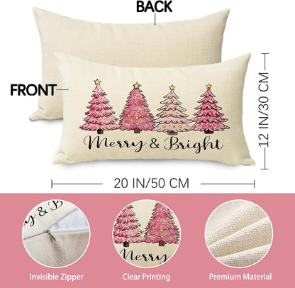 Pink Christmas Tree Decorative Throw Pillow Cover 12 x 20, Rectangular Xmas Pine Trees Outdoor Home Decor, Merry and Bright Winter Holiday Sofa Couch Cushion Case
