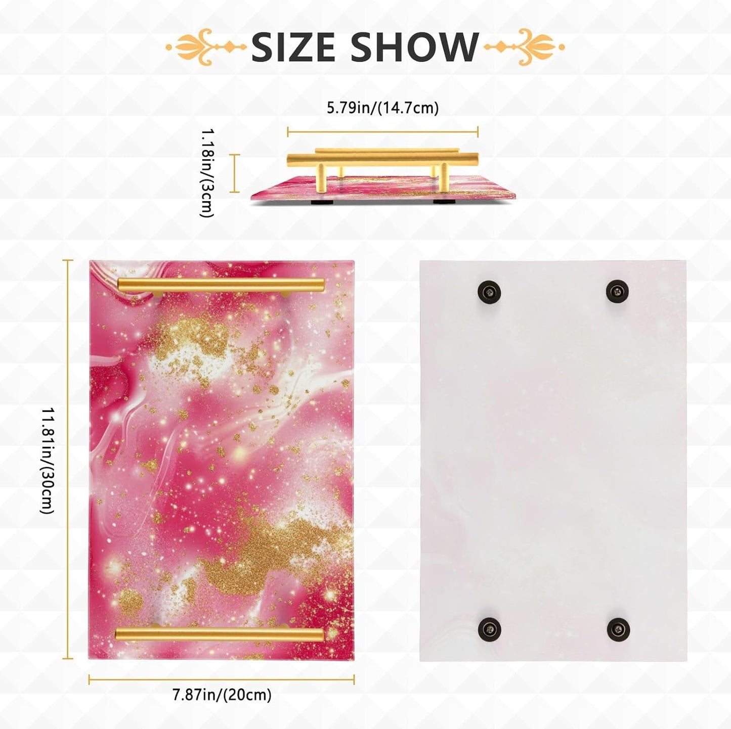 Golden Peach Waves Marble Decorative Beverage Tray with Handles Bed Serving Tray for Jewelry Perfume for Coffee Tables, Office