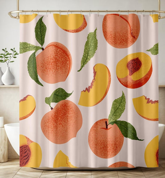 Peach Shower Curtain Cute Bright Colorful Fruits Green Leaves Abstract Aesthetic Art Print Waterproof Bath Curtain for Bathroom Decor with 12 Hooks 72x72 Inch