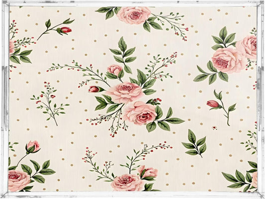 Vintage Floral Pink Serving Tray 12" x 16" Acrylic Trays with Handles Decorative Serving Platter for Coffee, Breakfast in Bed, Dinner, Appetizers, Patio, Party