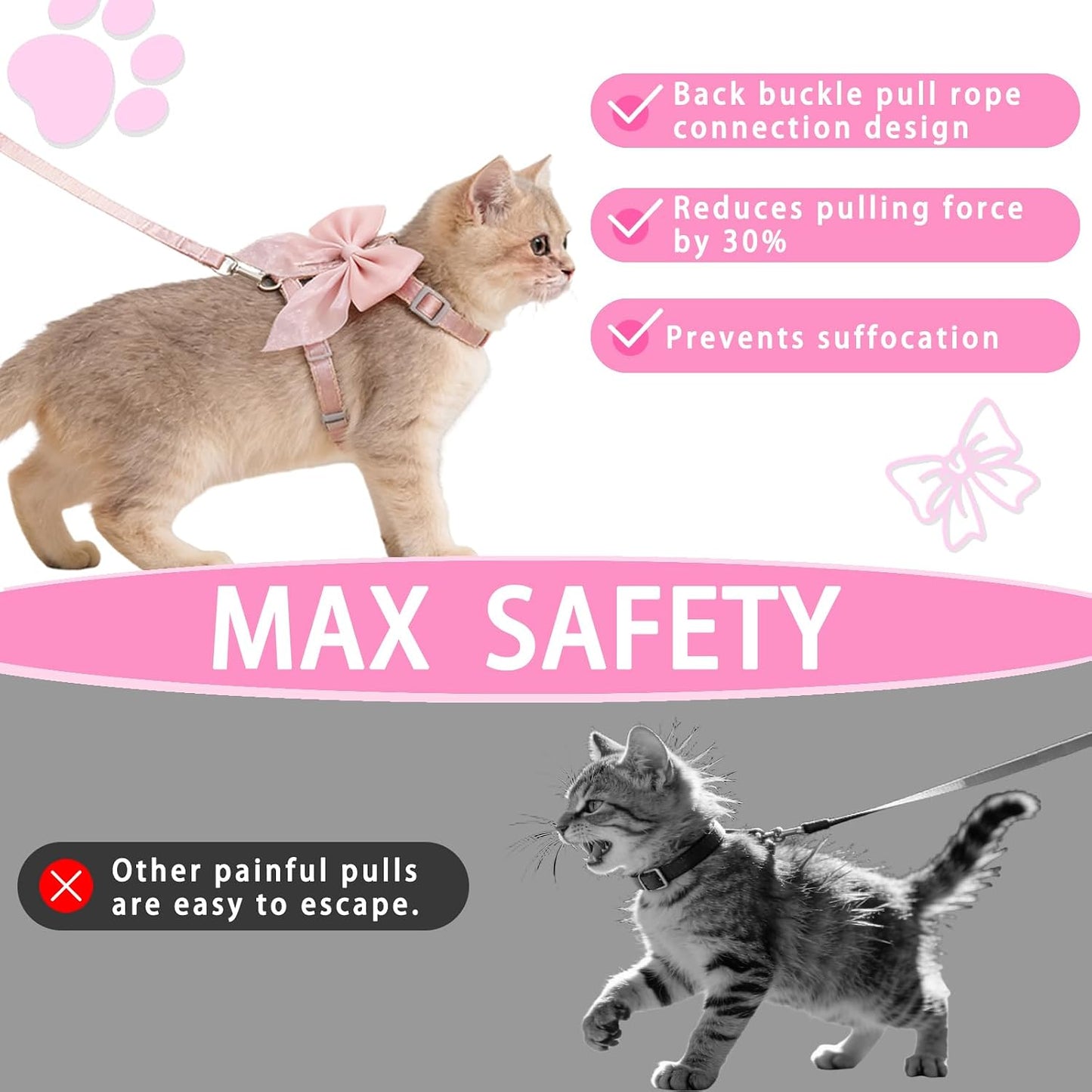 Tensho Pink Bow Cat Harness and Leash Set Escape Proof, Adjustable Kitten Harness with Leash, Bow Tie Cat Harness for Walking Outdoor - Soft Lightweight Harness for Small Dogs Cats Rabbits (S)