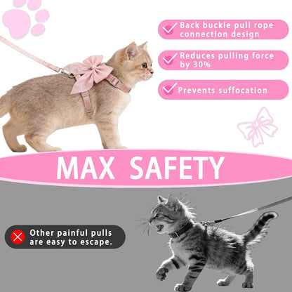 Tensho Pink Bow Cat Harness and Leash Set Escape Proof, Adjustable Kitten Harness with Leash, Bow Tie Cat Harness for Walking Outdoor - Soft Lightweight Harness for Small Dogs Cats Rabbits (S)
