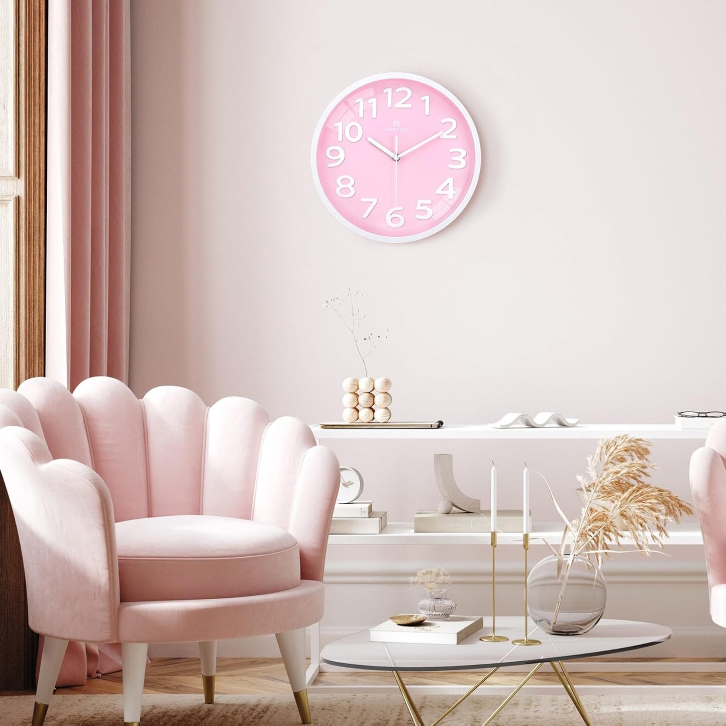 Lafocuse 12 Inch Silent 3D Numbers Pink Wall Clock Girls Bedroom, Battery Operated Pink Clock Wall for Living Room Decor