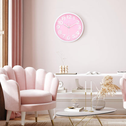 Lafocuse 12 Inch Silent 3D Numbers Pink Wall Clock Girls Bedroom, Battery Operated Pink Clock Wall for Living Room Decor