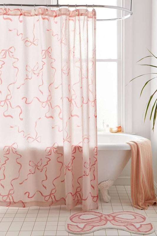 Bow Shower Curtain, Coquette Handcrafted Bow Tie Bath Curtain for Master Bathroom, Ruched Microfiber Bathroom Curtain with 12 Buttonholes, 72" W x 72" H (Coquette Pink)