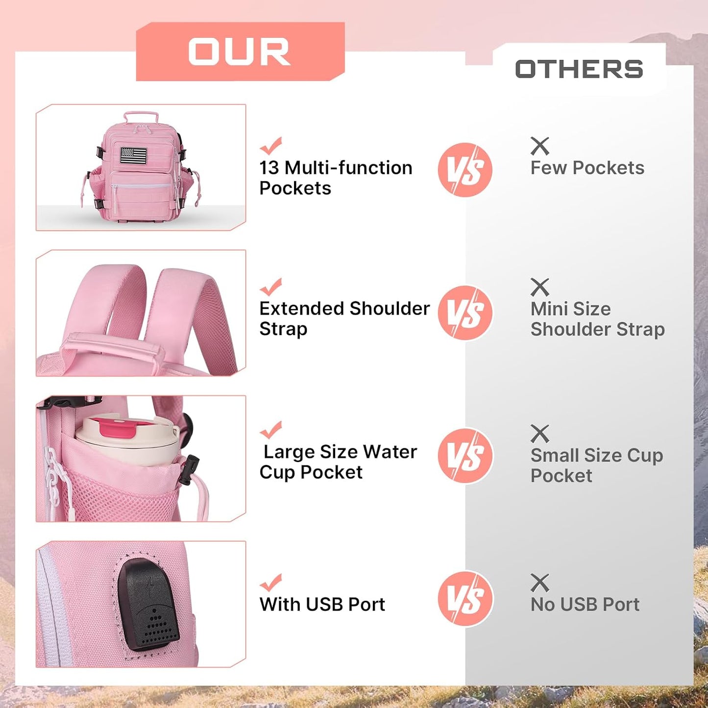 Boomistry 15L Mini Tactical Backpack Small Tactical Backpack for Women, Military Backpack for Gym, Hiking, Daily (Pink-15L)