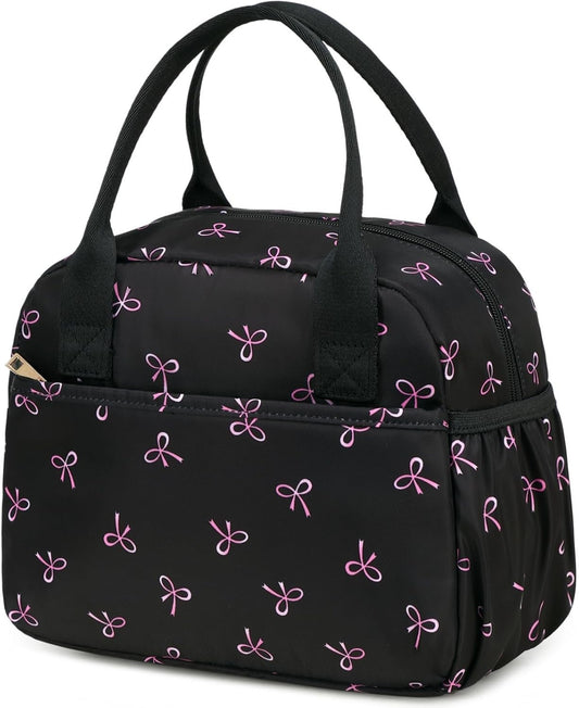 CAMTOP Lunch Box for Women Men Insulated Lunch Bag Lunch Tote Bag Leakproof Thermal Cooler Large Capacity for Travel Work School Picnic (Black Pink Bow)