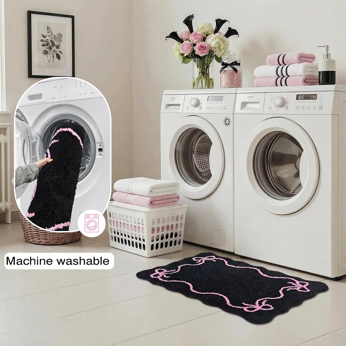 Mocsicka Pink Bow Bath Mat Cute Bow Bathroom Rug Super Soft Absorbent Black Pink Bathroom Rugs Non Slip Bath Mat Machine Washable Rug for Bathrooms 20x32 inches