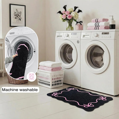 Mocsicka Pink Bow Bath Mat Cute Bow Bathroom Rug Super Soft Absorbent Black Pink Bathroom Rugs Non Slip Bath Mat Machine Washable Rug for Bathrooms 20x32 inches