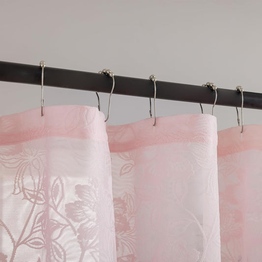 FINECITY Pink Lace Shower Curtain for Small Stall, 1 Panel, W36 x L72 Inch, Cottagecore Rustic Leaf Floral Patterned Vintage Sheer Curtain with Attached Valance for Farmhouse Bathroom Decor