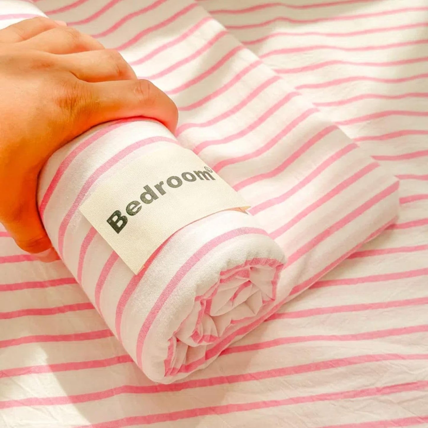 Pink Striped Sheets Queen Size Chic Bedding Set with Flat Sheet and Pillowcases 100% Washed Cotton Soft & Breathable 3-Piece Comfy Bed Sheets