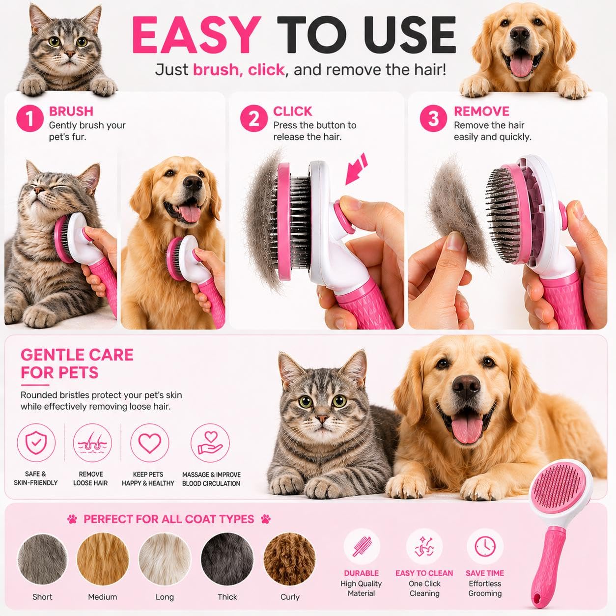 Pet Grooming Deshedding Brush, Self-Cleaning Massaging Brush for Dogs and Cats, Short and Long Hair (Pink)