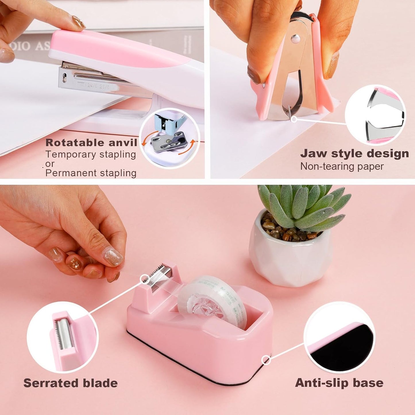 Pink Desk Accessories Set for Women, Stapler and Tape Dispenser Set with Scissor, Staple Remover, Clips & Tabs, Cute Office Supplies Kit for Desk Organization, School, Home & Office, Gift Idea