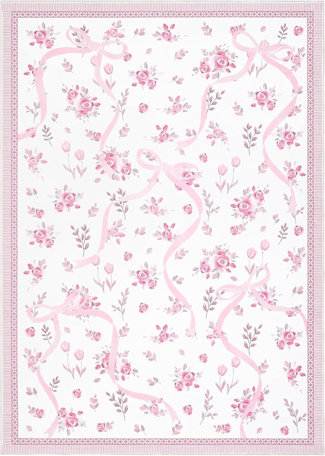 GarveeHome Pink and White Bow Rugs for Bedroom Girls, Washable Rug 5x7 for Living Room with Soft Low Pile, Floral 5x7 Pink Area Rugs for Dining Room Nursery Playroom Dorm Office Bow Decor