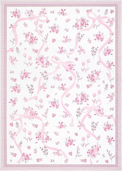 GarveeHome Pink and White Bow Rugs for Bedroom Girls, Washable Rug 5x7 for Living Room with Soft Low Pile, Floral 5x7 Pink Area Rugs for Dining Room Nursery Playroom Dorm Office Bow Decor