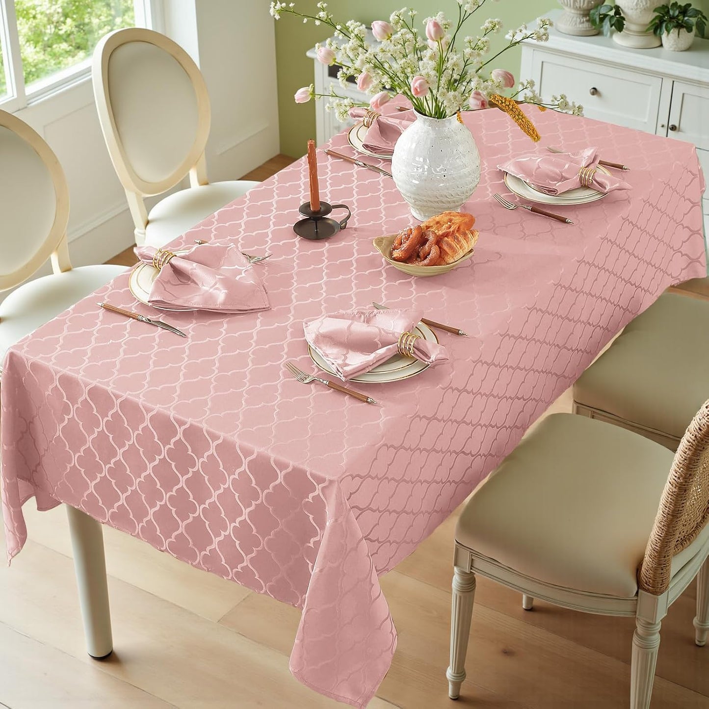 Larponder Tablecloth Rectangle, Jacquard, 60" x 120", Pink | Washable & Spill Proof Table Cover for Spring Kitchen Dining Party Picnic