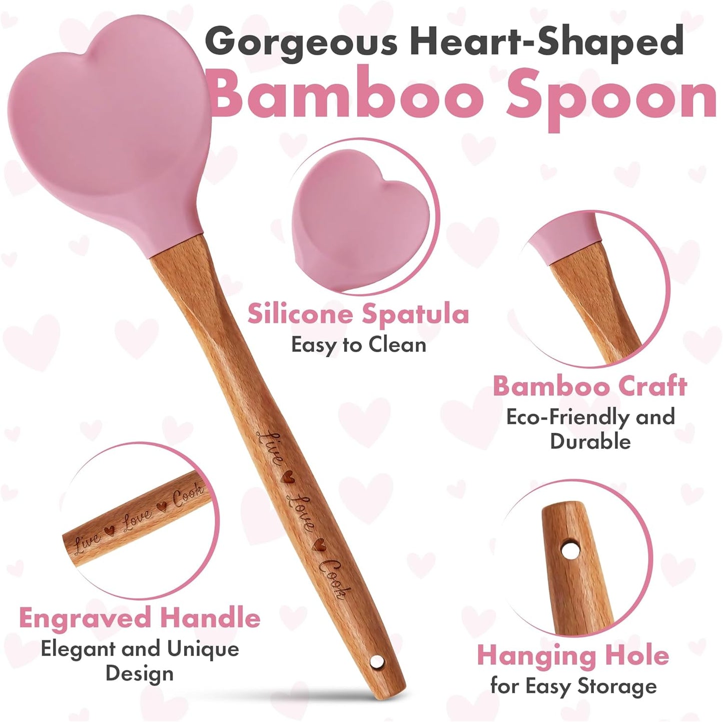 Gorgeous Heart shaped Bamboo Wooden Spoon with an engraved handle and heart shaped base hole for hanging The secret ingredient is Love The perfect addition to a kitchen (Pink Silicone)