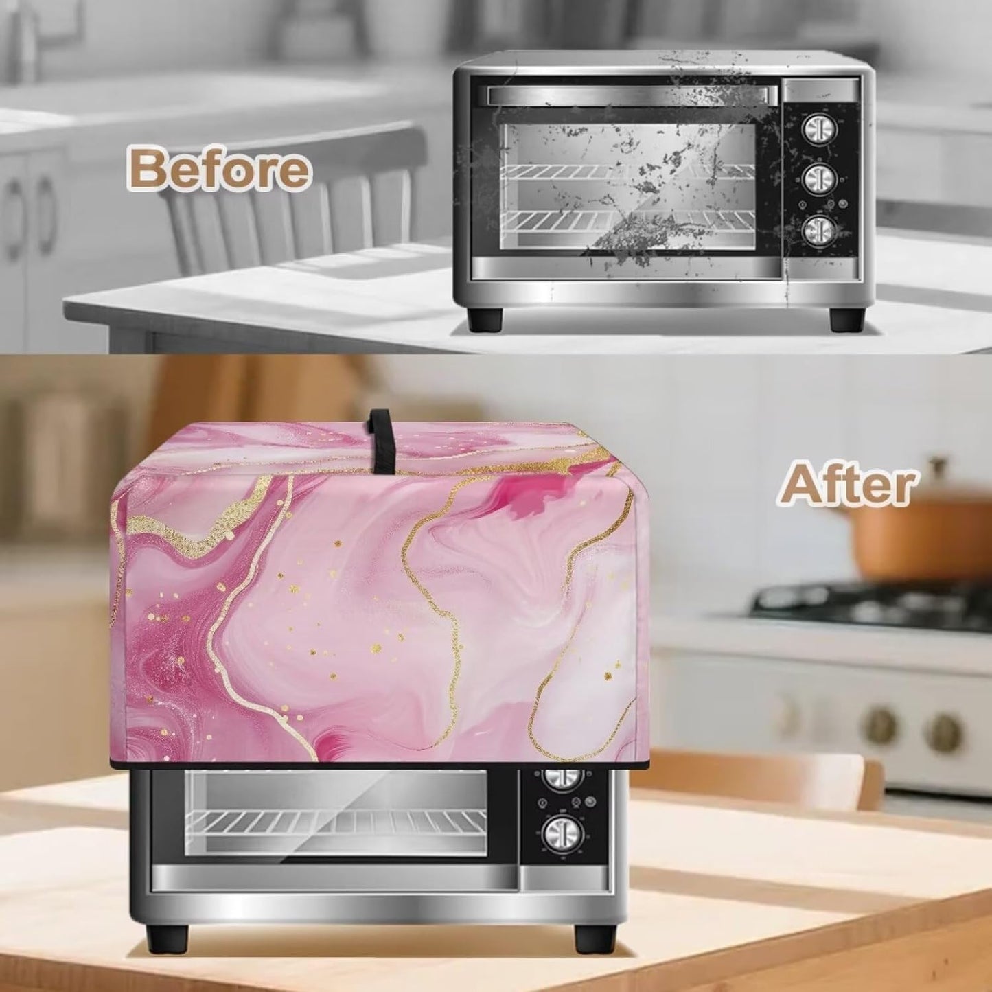 Pink Marble Microwave Cover – Dustproof Floral Print Fabric Protector for Ovens & Small Appliances, Foldable & Lightweight with Top Handle