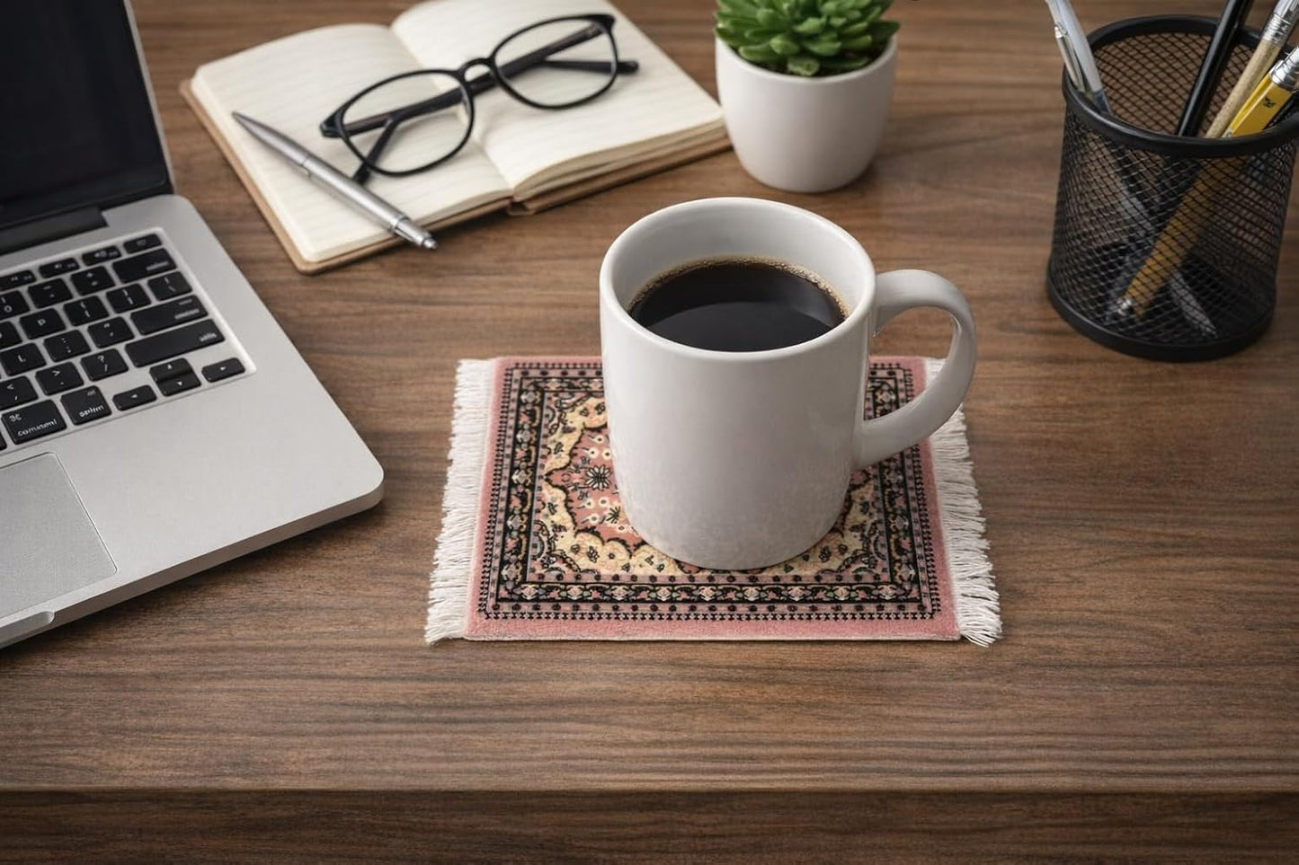 Set of 4 Carpet-Style Coasters – Pink Oriental Rug Design Drink mats with Fringe, Absorbent and Non-Slip for Coffee, Tea, Wine