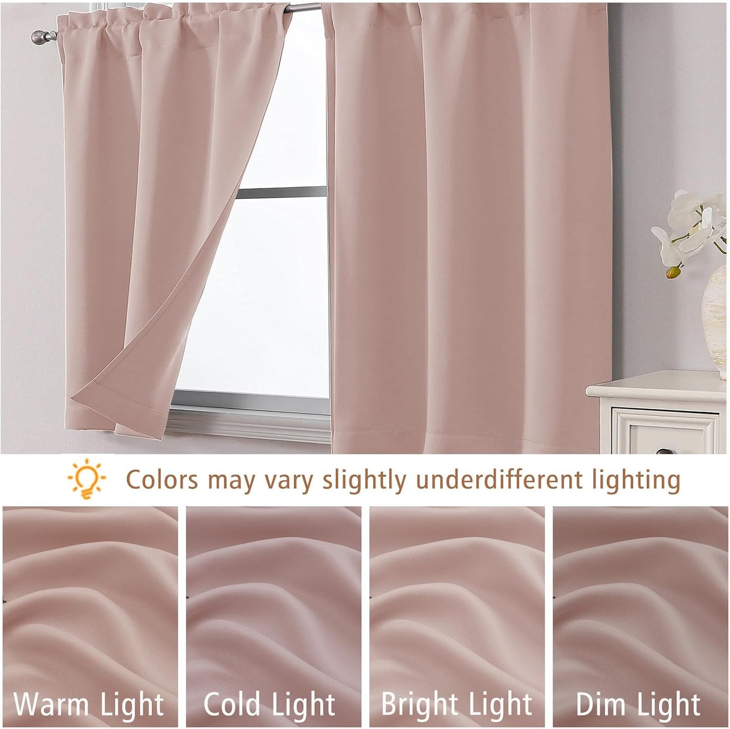 Blush Pink Valance for Windows 18 Inch Length, Thermal Insulated Short Kitchen Curtain for Laundry Basement, Dual Rod Pocket Blackout Window Valance, 1 Piece, 60Wx18L Inches