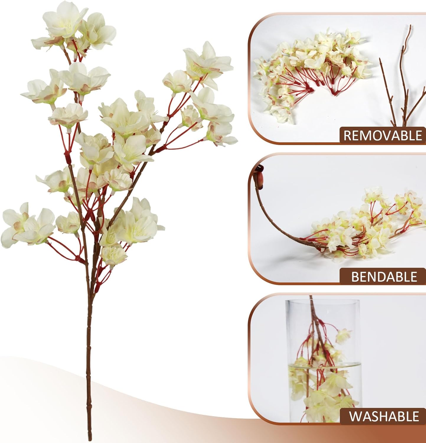 Tinsow Artificial Cherry Blossom Peach Flowers Cream White Spring Flowers for Spring Table Centerpiece Wedding Home Decor (6, Ivory)