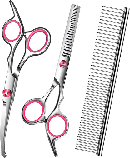Dog Grooming Scissors with Safety Round Tip,Pet Grooming scissors Kit,Dog Shears for Grooming,Incude Thinning,Curved Grooming Scissors and Comb for dogs, cats.Suitable for The Right Hand
