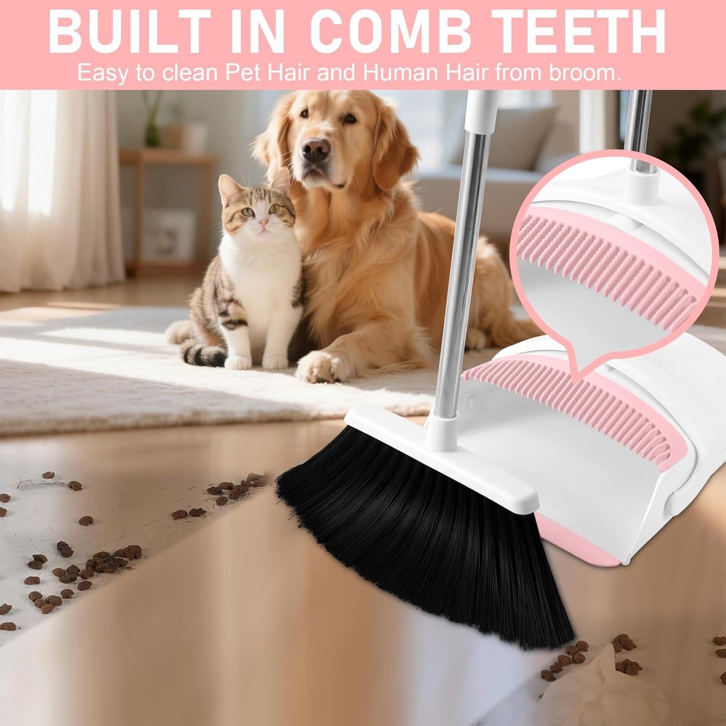 Broom with Dustpan Combo Set for Home, 52-in Long Handle Adjustable Broom and Dustpan Set with Dustpan Teeth for Sweeping Pet Hair Food Dirt Kitchen (Pink)