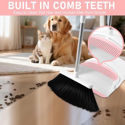 Broom with Dustpan Combo Set for Home, 52-in Long Handle Adjustable Broom and Dustpan Set with Dustpan Teeth for Sweeping Pet Hair Food Dirt Kitchen (Pink)