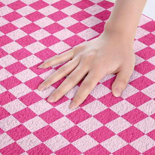 Homewish Rose Pink Checkered Bathroom Rugs,Geometric Gingham Non Slip Bath Mat Watercolor Grid Bathroom Indoor Floor Mats,Coquette Plaid Shaggy Absorbent Bathtub Decor Rug,16"x24"