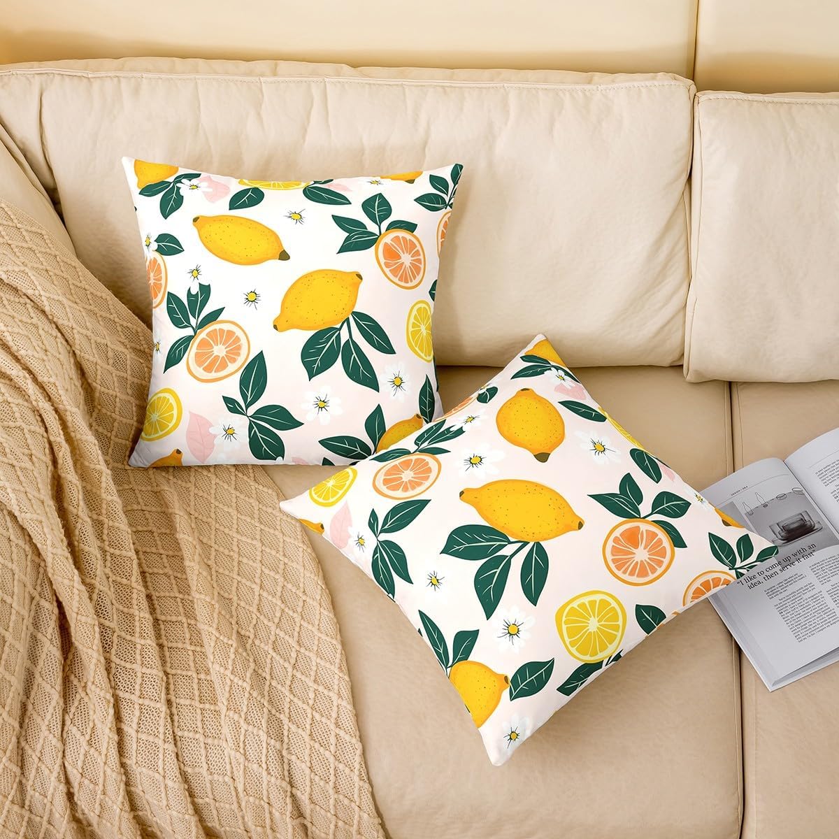 Manfei Lemon Throw Pillow Covers Set of 2 Botanical Leaf Cushion Covers Daisy Floral Summer Fresh Sofa Kids Boys Girls Bedroom Decor Soft Pillows Covers 22x22 Inches Pink Yellow