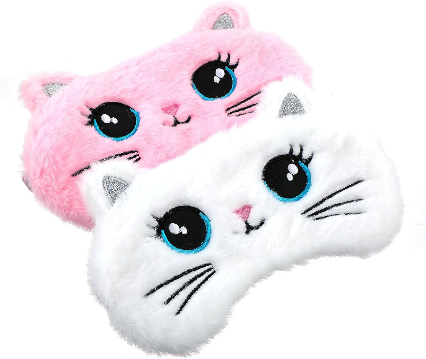 2 Pcs Plush Eye Mask Soft Sleeping Blindfold Eye Cover Comfortable Cute Animal Sleeping Mask Satin Nap Night Eyeshade Cover for Women Men Gift (Pink White Cat Style)