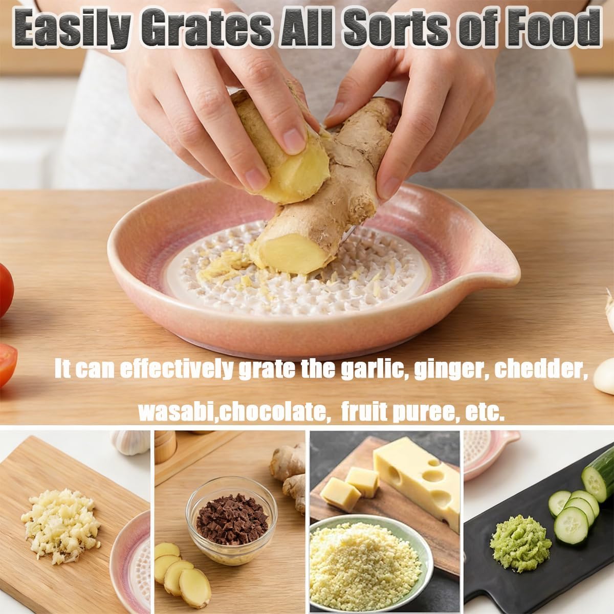 New Gradient Ceramic Grater Plate, Exquisitely Handcrafted Ginger Grater Plate for Chocolate, Fruits, Vegetables, Ginger, Garlic, and Cheese (Pink)