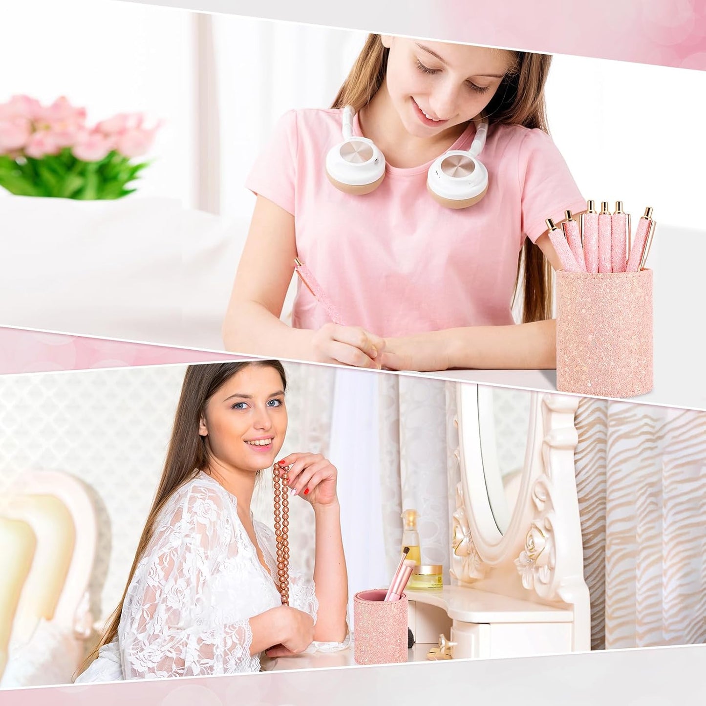 BBTO Bling Sequin Pen Holder with 6 Pcs Sequin Click Pens Cute Glitter Retractable Ballpoint Pens, Pencil Cups for Desk Organizer Makeup Brush Holder for Women Girls Classroom Offices(Light Pink)