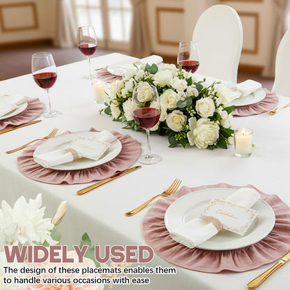 4 Pcs 15 Inch 100% Cotton Scalloped Round Placemats, Thin Pink Place Mats with Ruffle, Washable Placemats Table Mats for Kitchen Dining Holiday Gatherings Decor