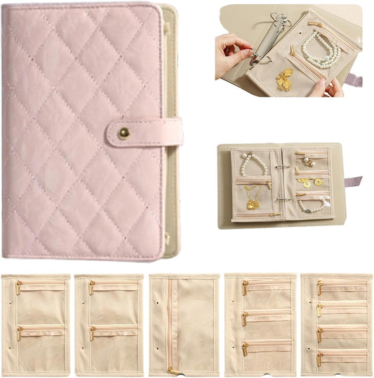 Travel Jewelry Notebook Organizer Case, Jewelry Storage Book Ring Binder with Clear Zipper Velvet Pouch for Traveling, Rings,Necklace,Earrings-Cream White (Pink)