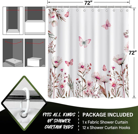 Watercolor Floral Decorative Shower Curtain,Pink Wildflower Bathroom Curtains,Butterfly Waterproof Polyester Fabric Bath Curtain Decor,72x72 Inches