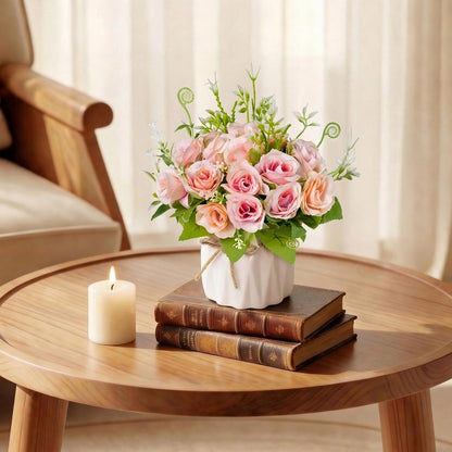 Pink Artificial Roses with Ceramic Vase, No Maintenance Fake Flowers for Table Decor, Realistic Silk Rose Bouquet for Home Office Wedding Gift
