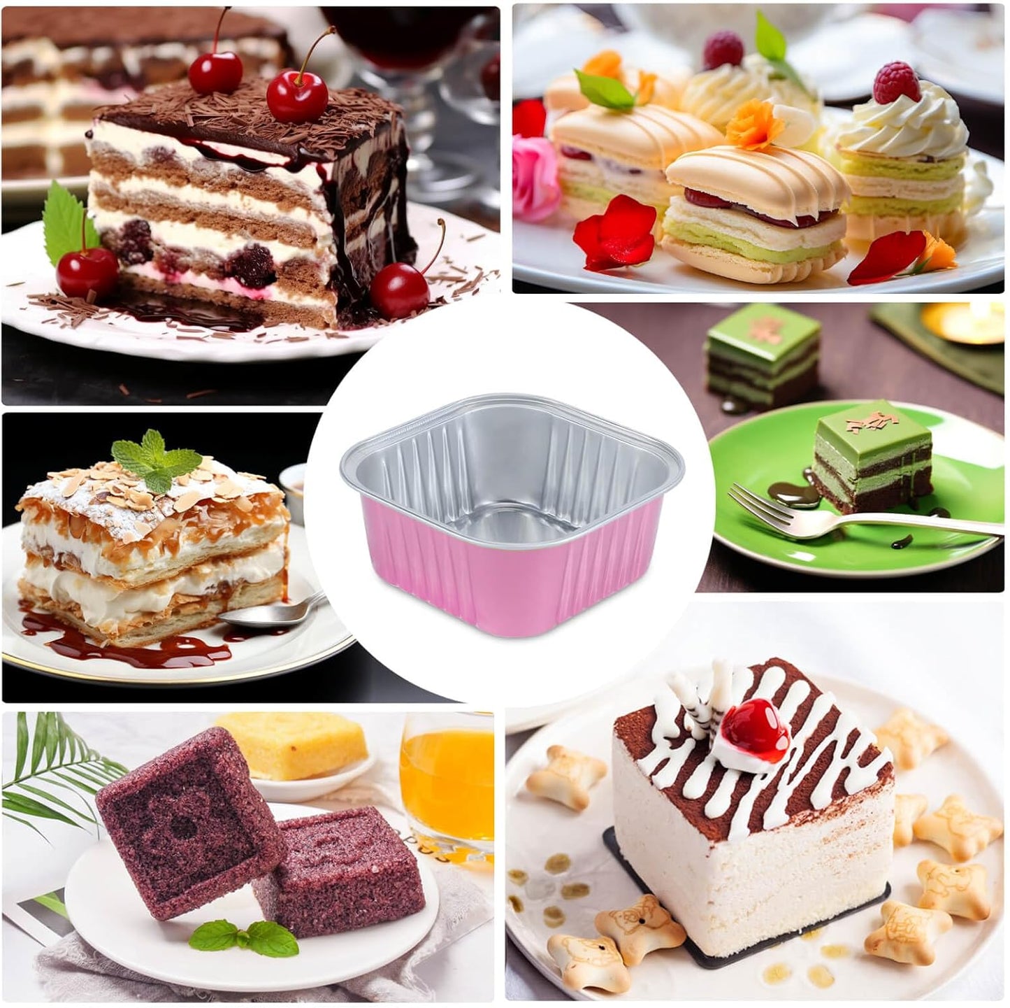 50pcs Mini Aluminum Foil Square Baking Cups, 5oz Disposable Ramekins Reusable Cupcake Cups with Lids for Baking Light Pink