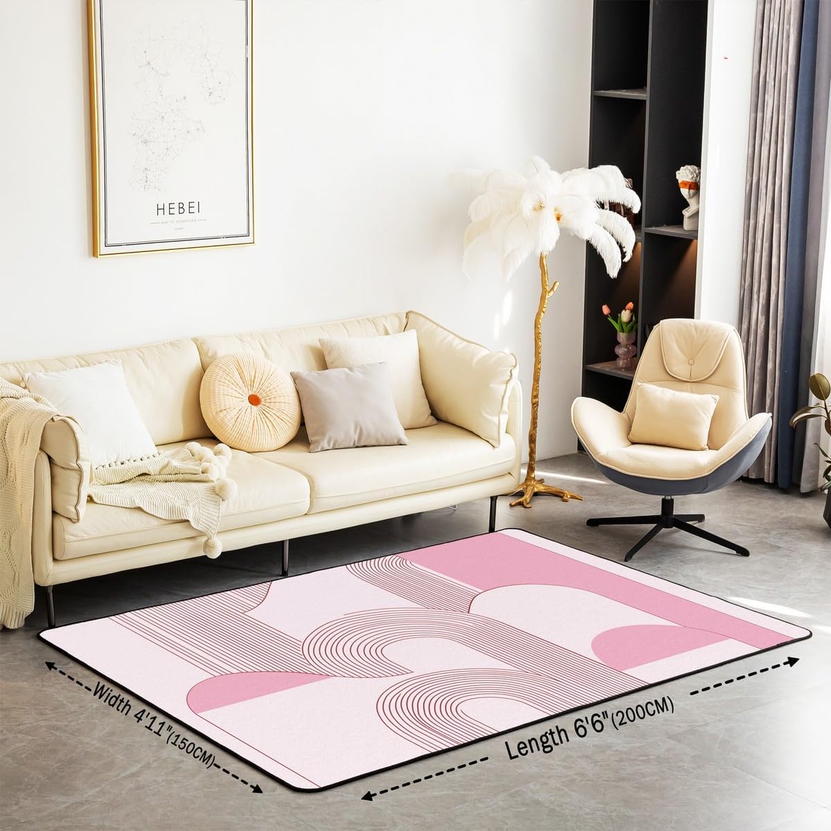 Boho Mid Century Area Rug Abstract Geometric Non Slip Carpet for Kids Girls Adults Minimalist Retro Aesthetic Decor Rug for Living Room Bedroom Playroom Backyard 3x5 Light Pink