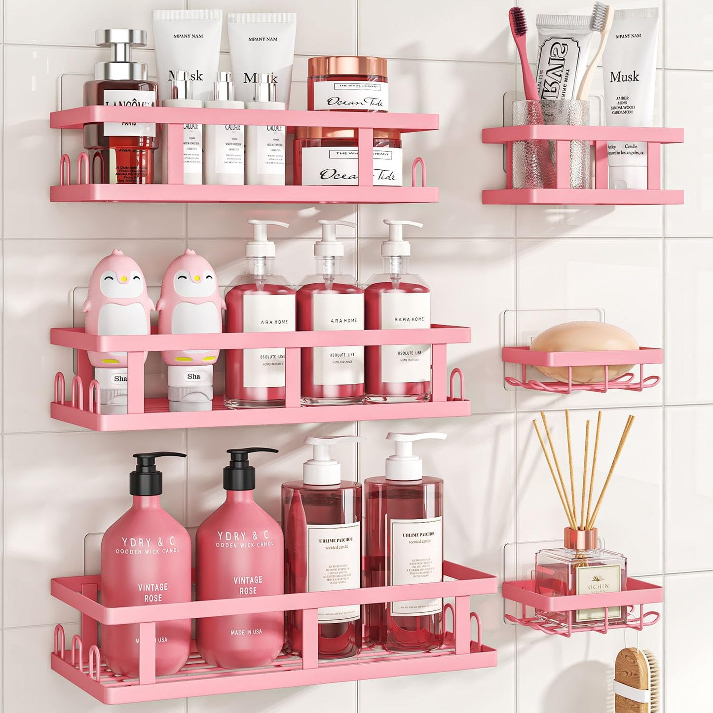 Youvip 6 Pack Shower Caddy, Adhesive Shower Shelves with Soap Holder, No Drilling Rustproof Large Capacity pink bathroom decor accessories, Pink