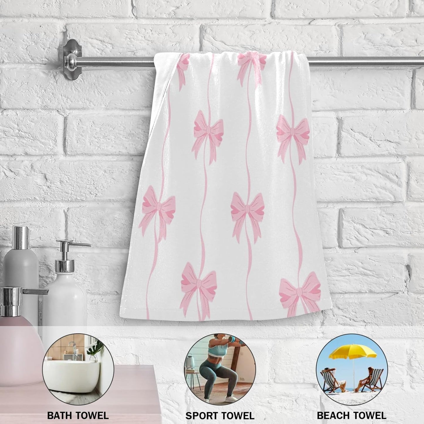 2 Pcs Cute Pink Bows Striped Hand Towels for Bathroom,Soft Absorbent Girly Romantic Ribbon Knot Bows on White Decorative Kitchen Towels Guest Bathroom Towels for Bath,Face,Shower,Gym 14"x28"