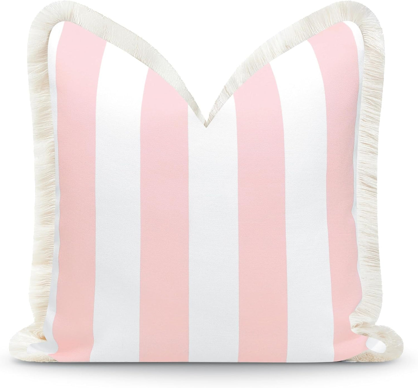 Hofdeco Premium Coastal Patio Indoor Outdoor Pillow Cover Only, 20"x20" Water Repellent for Backyard, Couch, Blush Pink Stripe Fringe