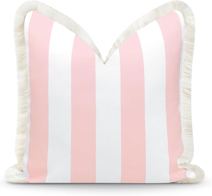 Hofdeco Premium Coastal Patio Indoor Outdoor Pillow Cover Only, 20"x20" Water Repellent for Backyard, Couch, Blush Pink Stripe Fringe