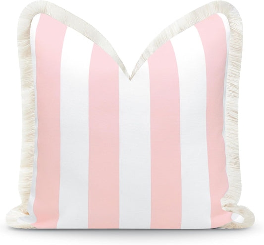 Hofdeco Premium Coastal Patio Indoor Outdoor Pillow Cover Only, 20"x20" Water Repellent for Backyard, Couch, Blush Pink Stripe Fringe