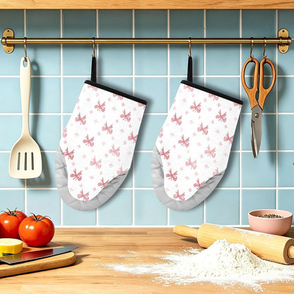 2 Pack Oven Mitt Set Light Pink Pastel Bows Oven Mitt Microwave BBQ Baking Cooking Kitchen Decor Accessories