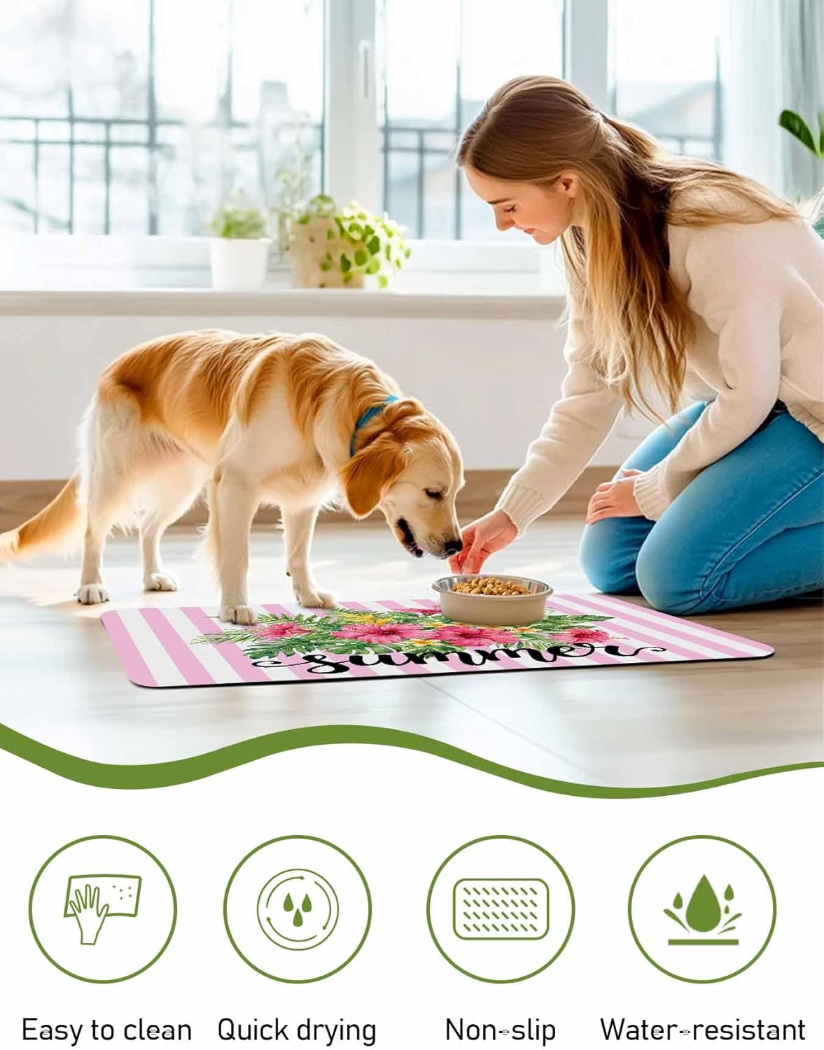 Summer Botanical Doormat Bath Mat Quick Dry Non Slip Rug with Rubber Tropical Plants Pink Stripe Water Absorbing Mat for Bathroom Kitchen Front Door Laundry Room 24" x 16"