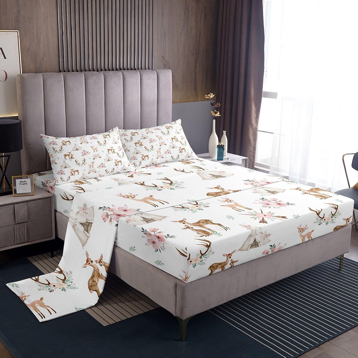 Erosebridal Sika Deer Bed Sheets Set Twin Tent Sheet Set Cute Animal Antlers Arrows Leaf Sheets Pink Peach Blossoms Elk Print Flat Fitted Sheet
