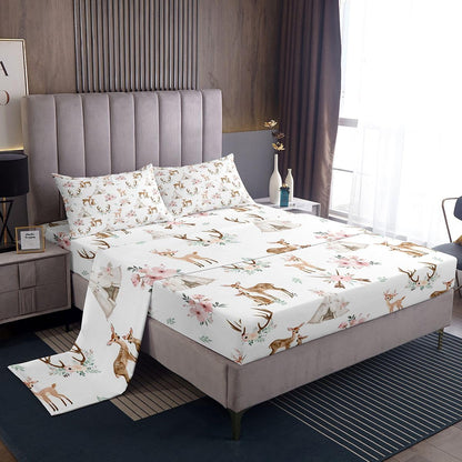 Erosebridal Sika Deer Bed Sheets Set Twin Tent Sheet Set Cute Animal Antlers Arrows Leaf Sheets Pink Peach Blossoms Elk Print Flat Fitted Sheet