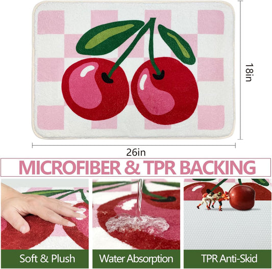 SHIYUE Cute Cherry Bath Mat for Bathroom Checkered, Non Slip Extra Soft Fluffy Absorbent Microfiber Fun Shower Decor (Pink 21"x30")